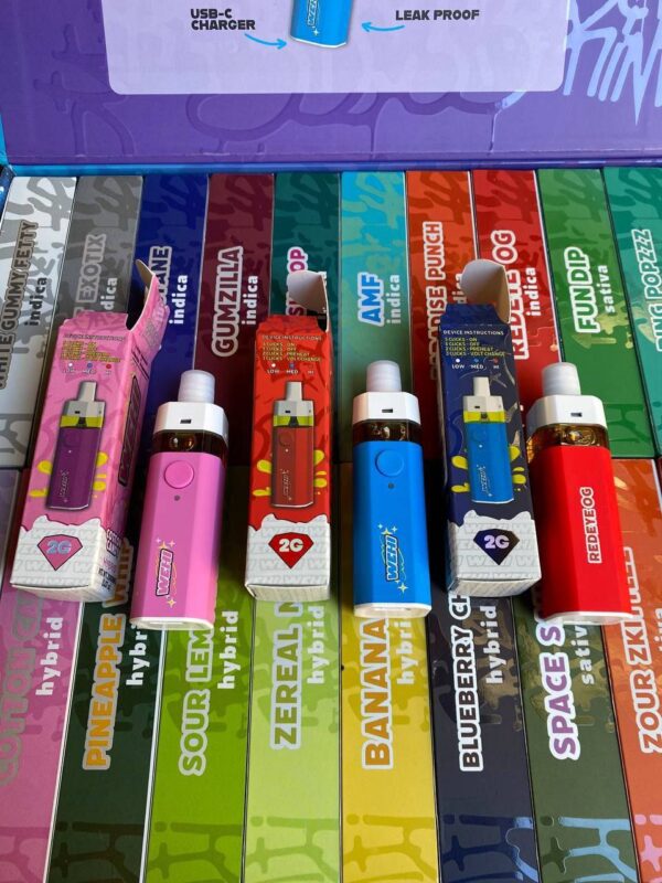 Close-up of Wehi disposable vape pen with 2 grams oil capacity
