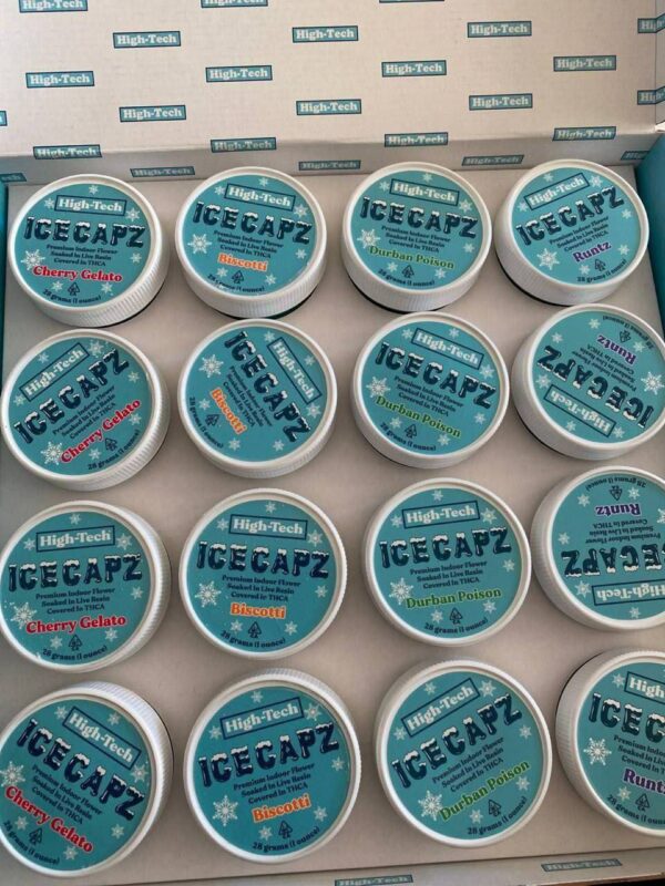 Frosted Ice Caps marijuana buds in airtight resealable jar