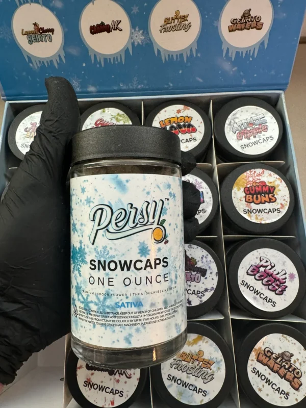 Close-up of Persy Snowcaps cannabis buds coated in frosty THCA diamonds