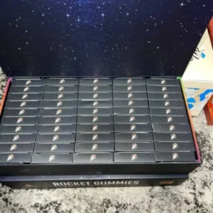 Close-up of Rocket Gummies edible pack featuring vibrant fruit flavors and 500MG THC gummies