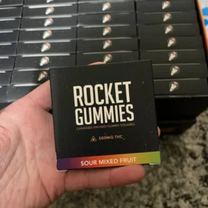 Rocket Gummies THC edible pack with assorted fruit flavors and 500mg THC