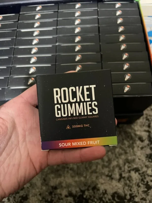 Rocket Gummies THC edible pack with assorted fruit flavors and 500mg THC