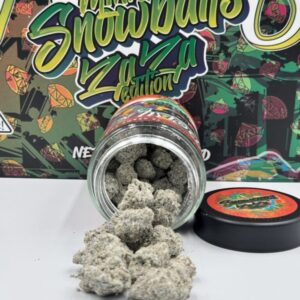 Close-up of Persy Mini Snowballs ZaZa Edition cannabis buds covered in frosty trichomes
