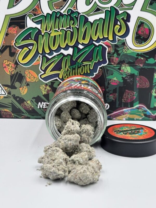 Close-up of Persy Mini Snowballs ZaZa Edition cannabis buds covered in frosty trichomes