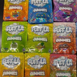 Puff La Gummies with liquid diamonds and hash rosin in colorful packaging