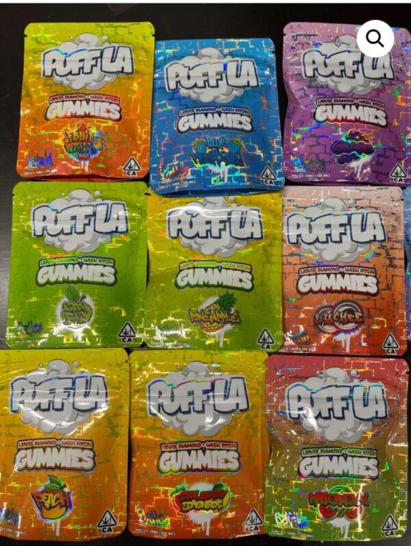 Puff La Gummies with liquid diamonds and hash rosin in colorful packaging